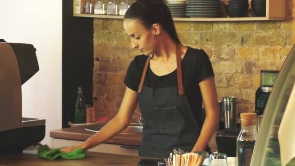 Uma Menina Atraente Proprietário Uma Casa Café Limpa Uma Mesa — Vídeo de Stock