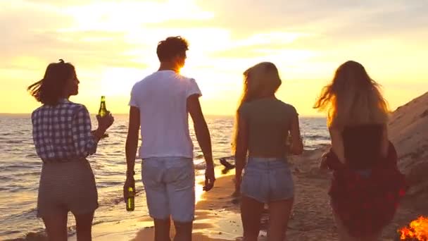 朋友们在日落时沿着海洋漫步 — 图库视频影像
