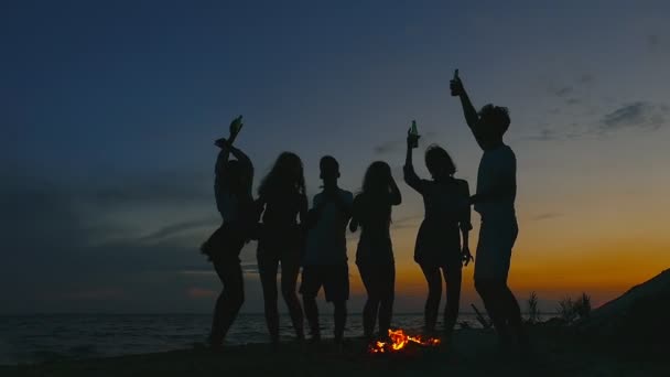 Gruppo Persone Sulla Spiaggia Vicino Falò Rallentatore — Video Stock