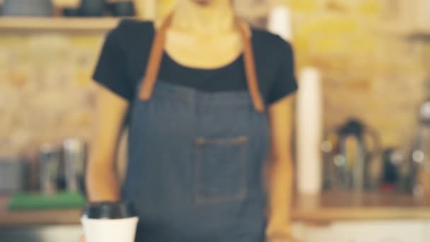 Smiling Waitress Giving Cup Coffee Customer — Stock Video