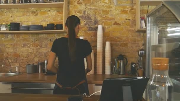 Uma Menina Atraente Proprietário Uma Casa Café Funciona Movimento Lento — Vídeo de Stock