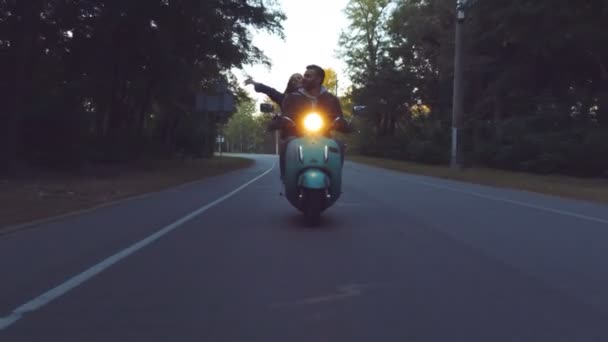 Happy Couple Riding Scooter Forest Sunny Beautiful Day — Stock Video