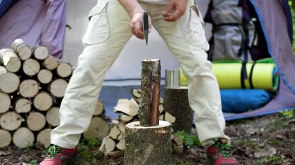 Picar Madera Con Hacha Naturaleza Para Eliminar Leña Partida — Vídeos de Stock