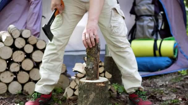 Picar Madera Con Hacha Naturaleza Para Eliminar Leña Partida — Vídeos de Stock