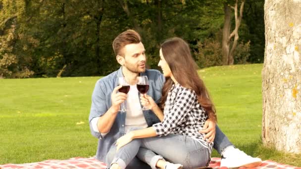 Happy Couple Enjoying Green Lawn Guy Girl Drinking Wine Picnic — Stock Video