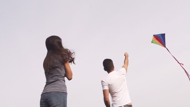 Happy Couple Flying Kite Green Lawn Park Slow Motion — Stock Video