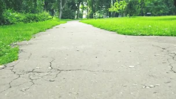 Synvinkel Urban Följ Foten Trottoaren Trottoaren Bilfria Kamera Rörelse Stadycam — Stockvideo