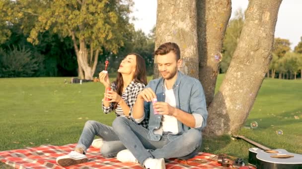 Casal Feliz Soprando Bolhas Enquanto Sentado Sob Uma Árvore Grande — Vídeo de Stock