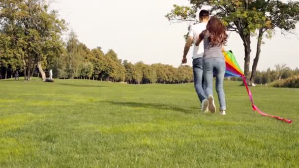 Lyckliga Paret Flyga Drake Grön Gräsmatta Parken — Stockvideo