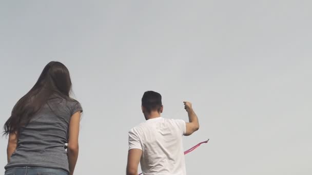 Счастливая Пара Запускает Воздушного Змея Зеленой Лужайке Парке Медленное Движение — стоковое видео