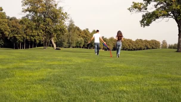 Coppia Felice Che Vola Aquilone Prato Verde Nel Parco — Video Stock