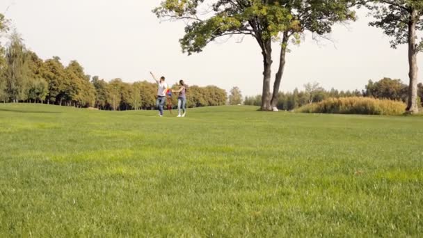 Glückliches Paar Lässt Drachen Auf Grünem Rasen Park Steigen — Stockvideo