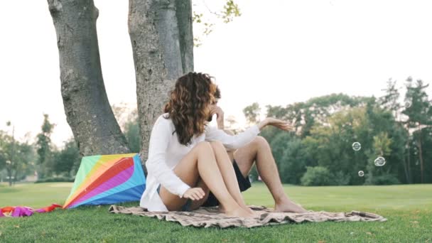 Miúda Brincar Com Sopradores Bolhas Feliz Família Livre Parque — Vídeo de Stock