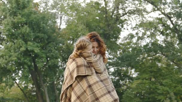 Mother Daughter Outdoors Park Wrap Plaid Hugging Happy Family Slow — Stock Video