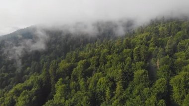 Bulutların arasındaki güzel dağların üzerinde uçan drone.