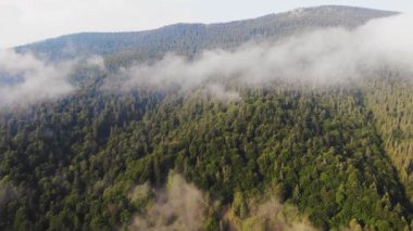 Bulutların arasındaki güzel dağların üzerinde uçan drone.