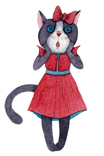 Acuarela Pintada Mano Ilustración Gato Sorprendido Con Hermoso Vestido Rojo —  Fotos de Stock