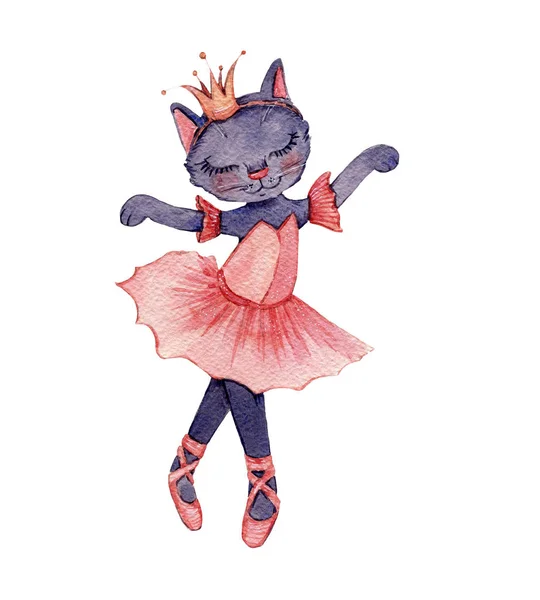 Aquarel Illustratie Van Een Schattige Ballerina Kat Gekleed Een Koraal — Stockfoto