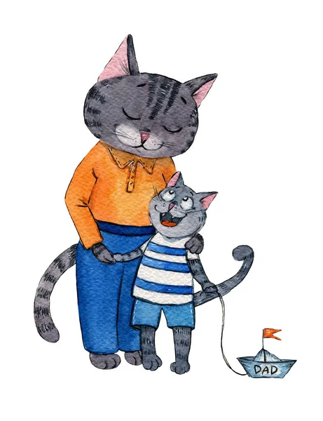 Hand-painted watercolour illustration of a dad cat with a son with a toy boat isolated