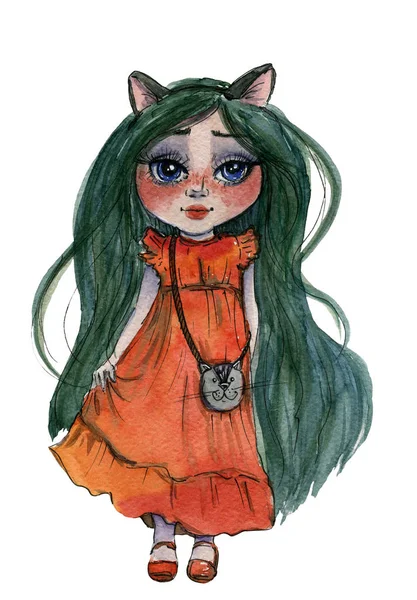 Aquarel Illustratie Van Een Schattig Klein Meisje Met Groene Haren — Stockfoto
