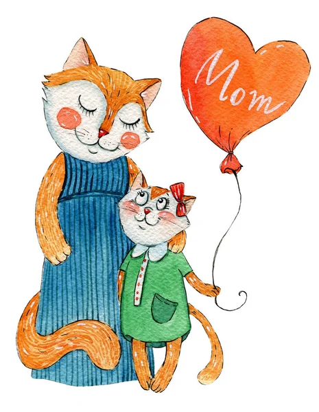 Hand Målade Akvarell Illustration Mamma Katt Med Dotter Som Håller — Stockfoto