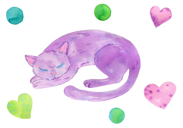 Aquarell Handgemalte Illustration Einer Lila Schlafenden Katze Zwischen Bunten Herzen — Stockfoto