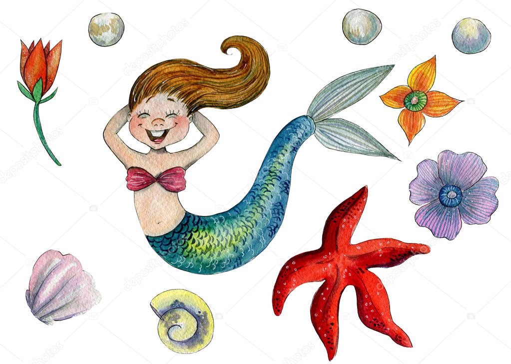 Hand-painted watercolour illustration of a happy little mermaid isolated and undersea world