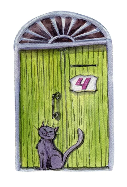 Katze vor der grünen Tür — Stockfoto