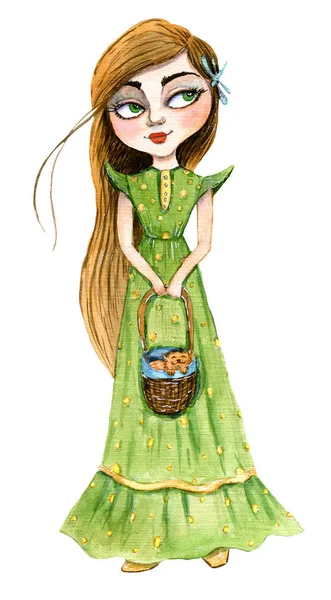 Meisje in een lange groene jurk met een gember kitten in de mand — Stockfoto