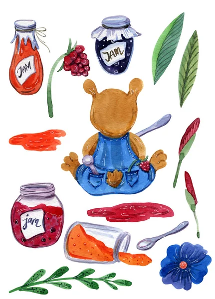 Un ours en peluche et des pots de confiture — Photo