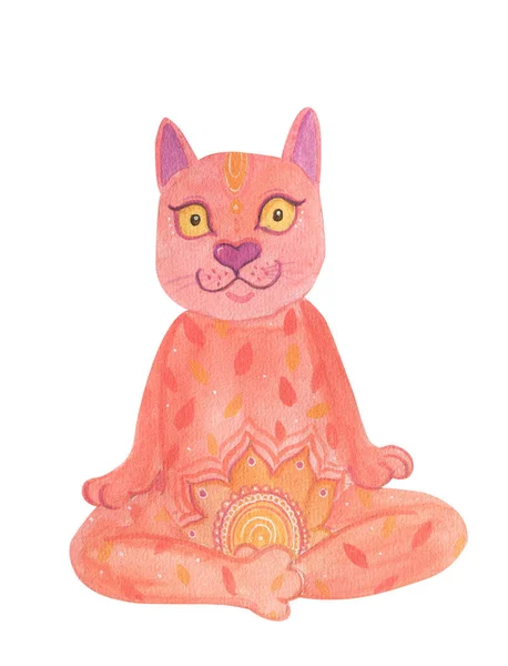 Ilustración Acuarela Gato Yoga Sentado Con Las Piernas Cruzadas Meditando —  Fotos de Stock