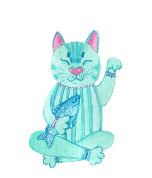 Aquarell Handgemalte Illustration Einer Sitzenden Zen Katze Mit Einem Fisch — Stockfoto