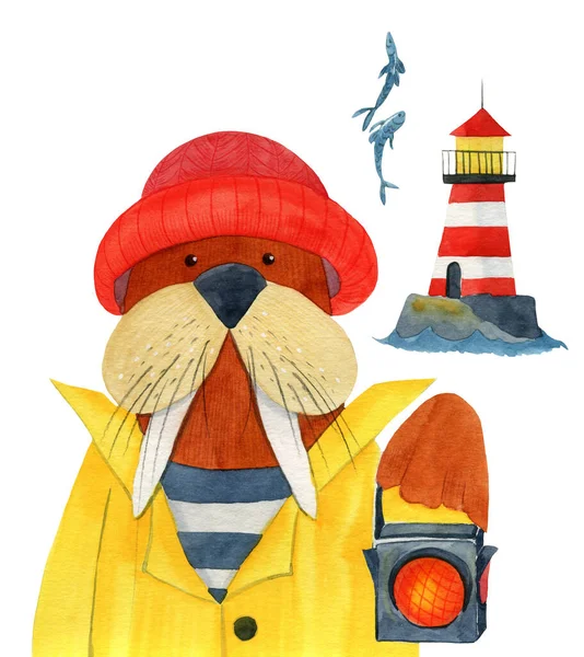 Watercolor Handpainted Illustration Walrus Light Keeper Yellow Raincoat Red Wooly — Stock Photo, Image