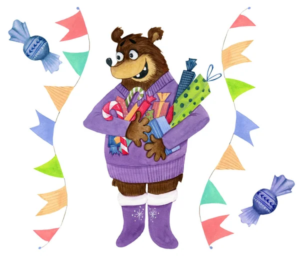 Grappige Illustratie Van Een Schattige Lachende Teddybeer Met Een Paarse — Stockfoto