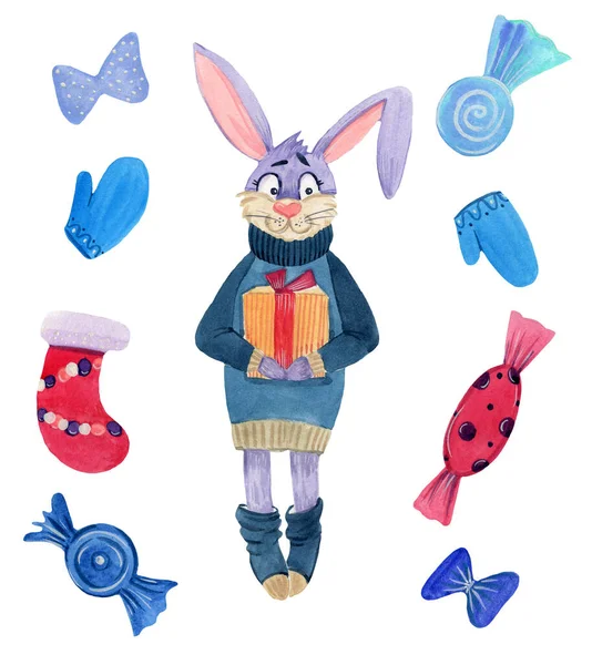 Lindo Conejo Con Regalo Decoraciones Navidad — Foto de Stock