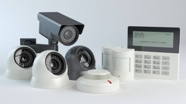 Alarm sistemi - kameralar ve sensörler, 3d çizim