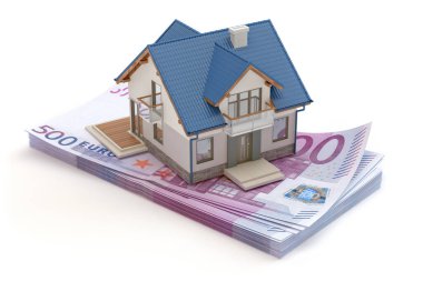 İpotek konsepti - Avro parasının ev modeli - 3D illüstrasyon