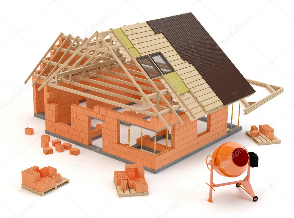 House construction - 3D model on white background - 3D illustration