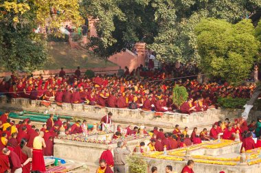 Budist rahipler Mahabodhi Tapınağı'nda bodhi ağacının altında oturan 