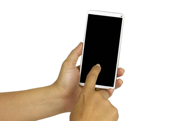 Primo piano mano che tiene il telefono cellulare bianco con schermo nero vuoto — Foto Stock