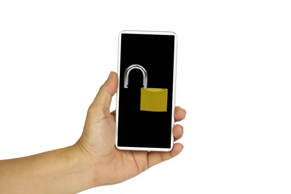 Közelről kezében fehér mobiltelefon Unlock gomb fekete s — Stock Fotó