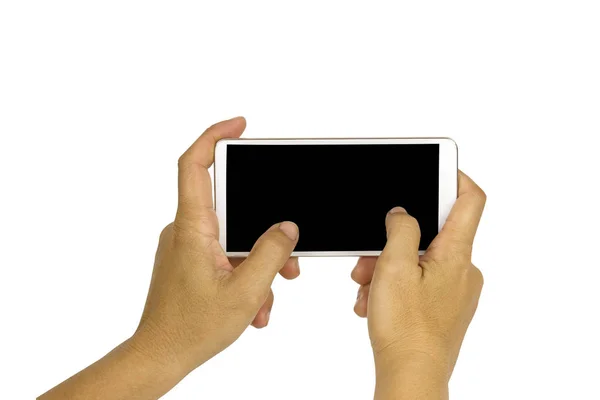 Boş siyah ekranlı beyaz cep telefonunu tutan yakın çekim — Stok fotoğraf