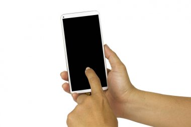 boş siyah ekranlı beyaz cep telefonunu tutan yakın çekim