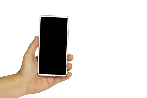 Primer plano mano celebración de teléfono móvil blanco con pantalla en blanco negro — Foto de Stock