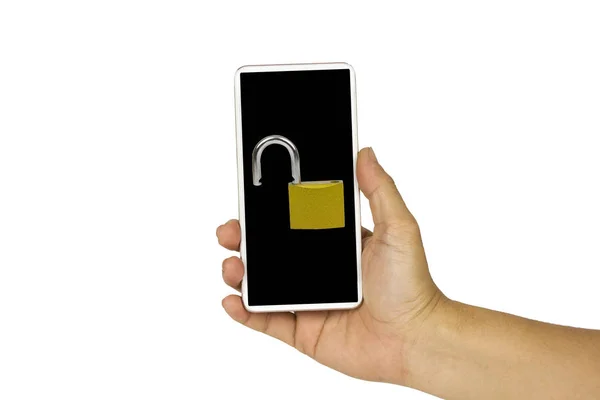 Közelről kezében fehér mobiltelefon Unlock gomb fekete s — Stock Fotó