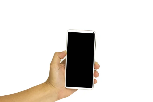 Primer plano mano celebración de teléfono móvil blanco con pantalla en blanco negro — Foto de Stock