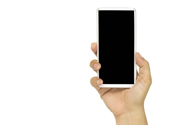 空白の黒い画面が付いている白い携帯電話を握るクローズアップ手 — ストック写真