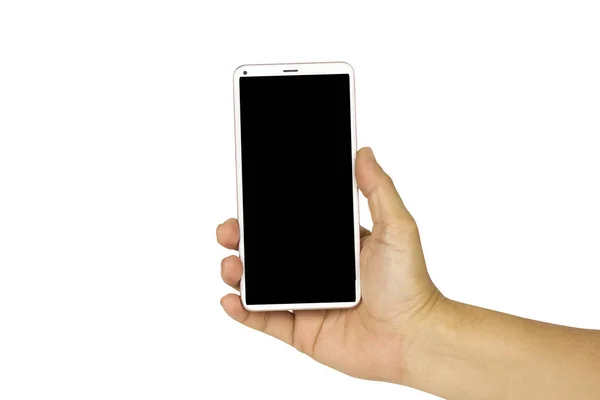 Close-up hand houden witte mobiele telefoon met blanco zwart scherm — Stockfoto