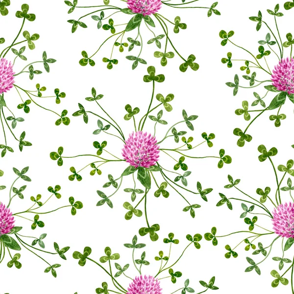 Blommig Sömlös Akvarell Mönster Med Gröna Sammanflätade Klöver Stjälkar Löv — Stockfoto