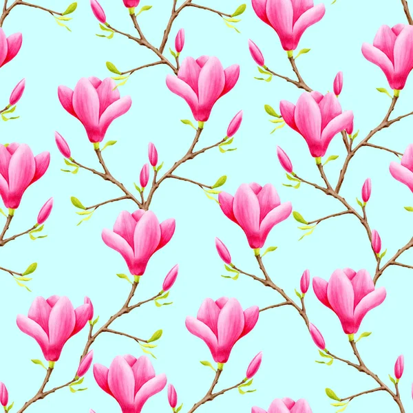 Watercolor pink magnolia flowers seamless pattern — Stock Photo, Image
